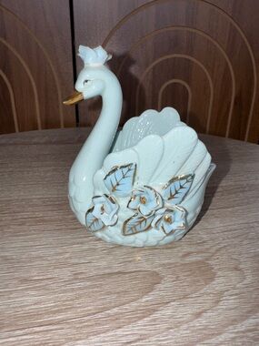 Vintage Blue Ceramic Swan Planter with Gold Accents